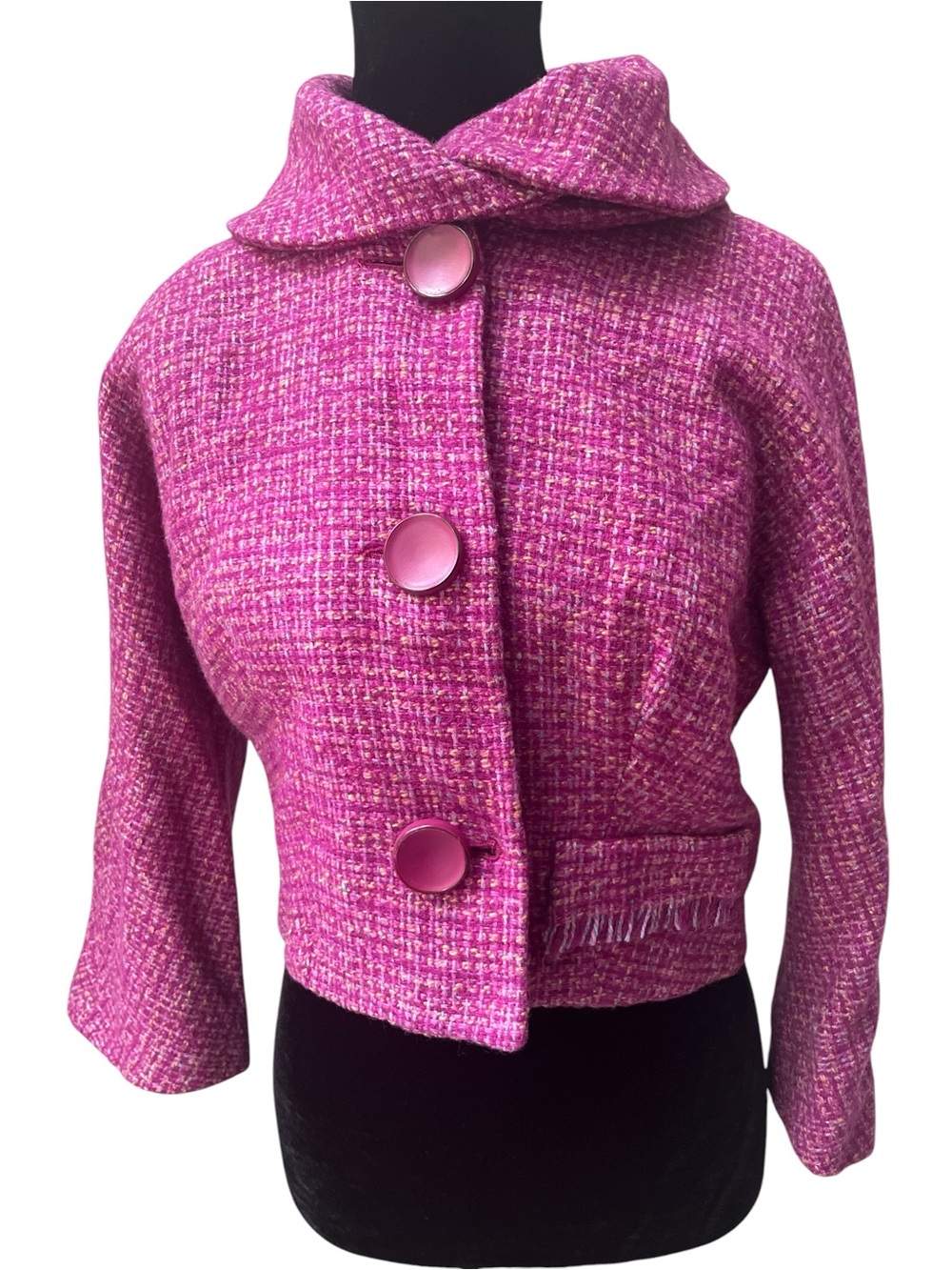Womens Pink Tweed Cropped Jacket with Statement Buttons